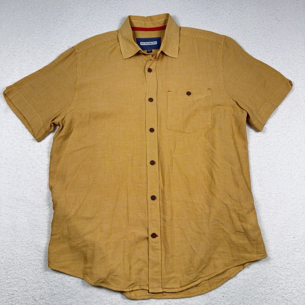32 Bar‎ Blues Shirt Men's Medium Linen Blend Short Sleeve Mustard Yellow